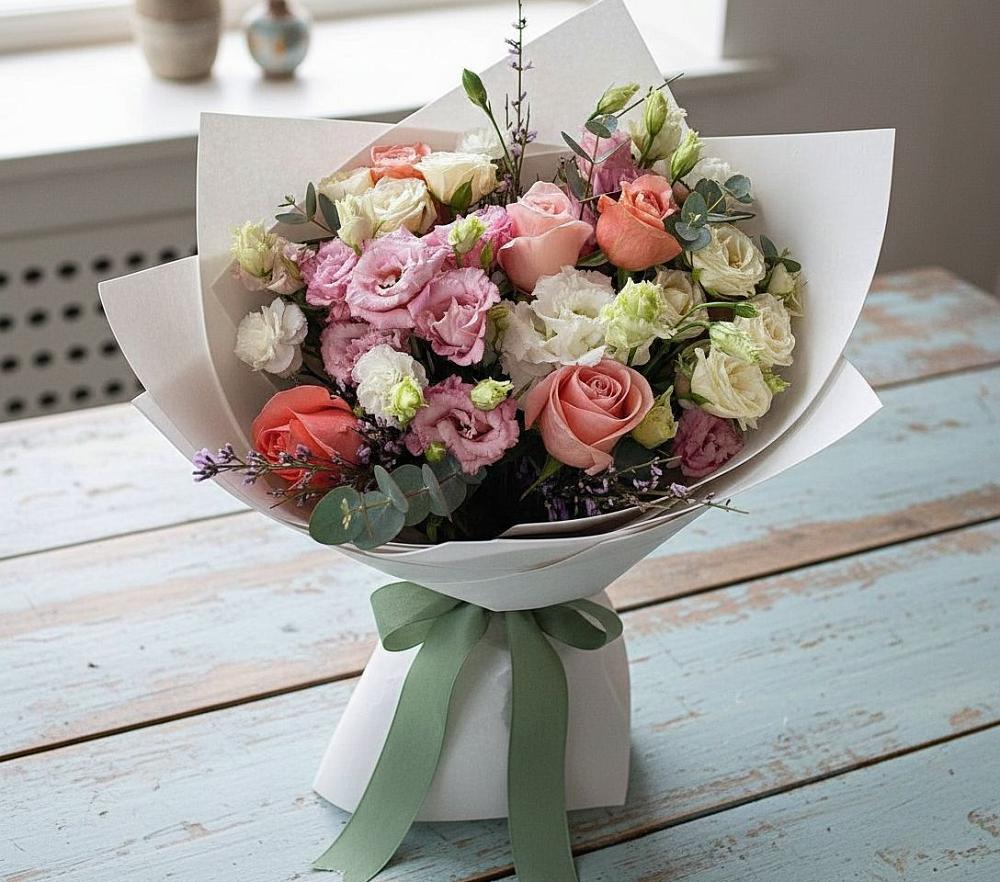 Букет цветов из: Розы, Лизиантусы и Гвоздики в Белый Городок