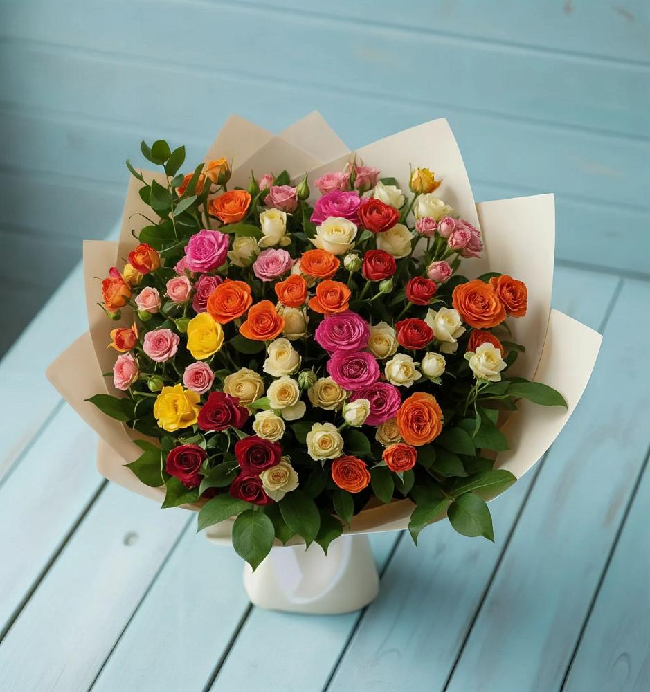Букет Микс из разноцветных кустовых роз в Белый Городок
