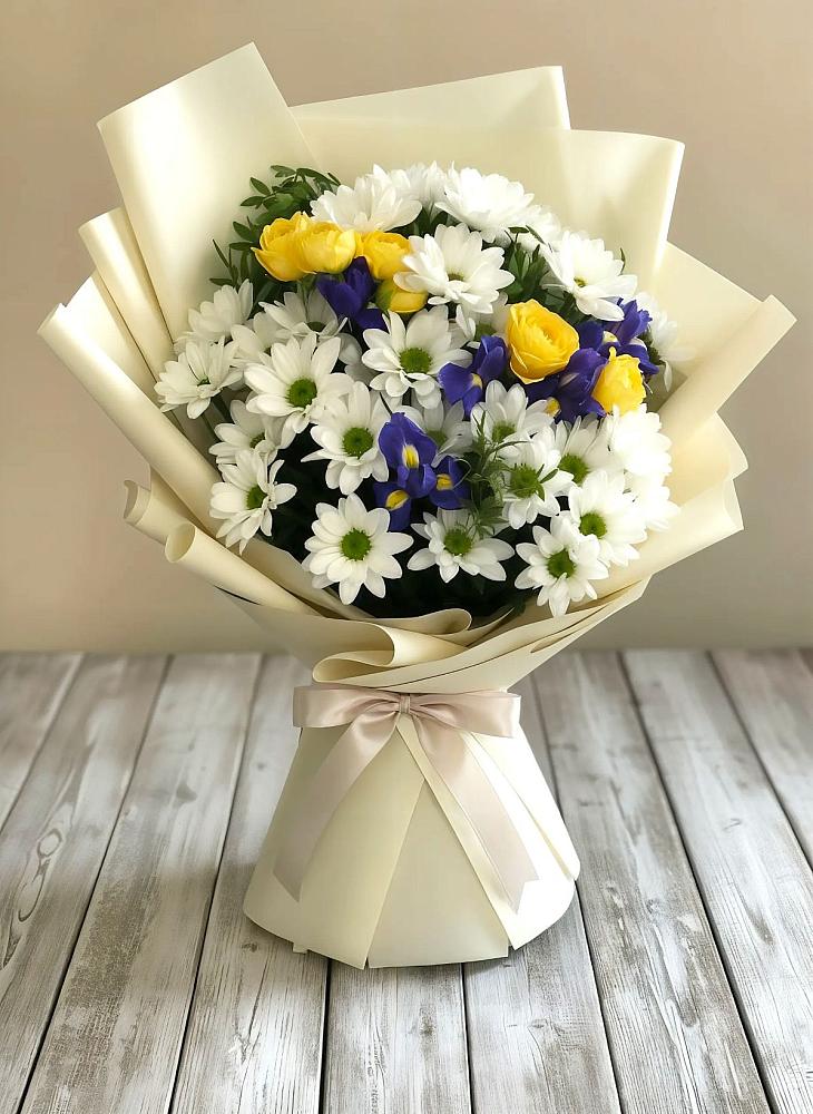 Букет цветов из: Ирисы, Хризантемы и Розы в Белый Городок