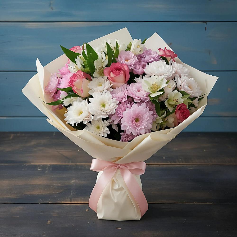 Букет цветов из: Хризантемы, Альстромерии и Розы в Белый Городок